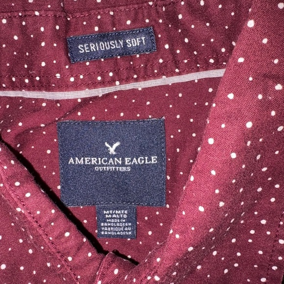 American Eagle Size M Tall Maroon & White Polka Dot Business Formal Dress Shirt - Picture 4 of 6